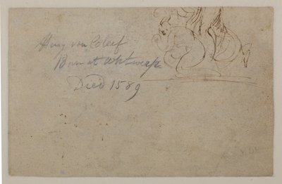 Daha sonraki bir elden açıklama. Çömelmiş bir figür ve büyüyen bir atın çizimi, ?, 16. yüzyıl by Hendrick van Cleve