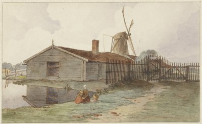 Amsterdam yakınlarındaki ahşap binaları olan yel değirmeni by Hendrik Abraham Klinkhamer