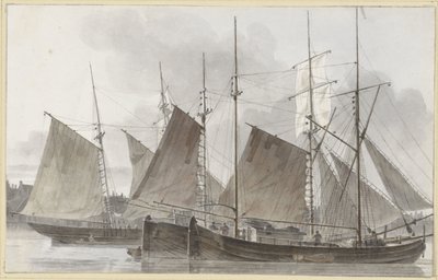 Bir şehrin önünde demirlemiş yelkenli gemiler by Hendrik Abraham Klinkhamer