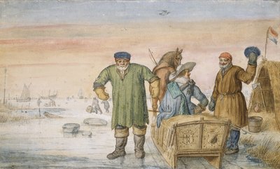 Amsterdam ve Utrecht armasını taşıyan bir kızağın yanında iki yaşlı adam, 1620-33 by Hendrik Avercamp