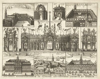 Blad bir araya geldi tien voorstellingen van de intocht van de Kardinaal Bebek Ferdinand te Antwerpen, 1635 Antwerp kentindeki muhteşem yerlerin ve eserlerin örnekleri (nesne üzerindeki başlık) by Hendrik Causé