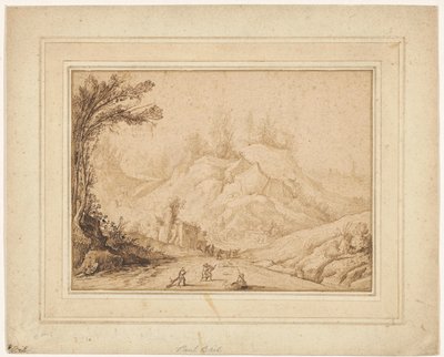 Bir hanın yakınında bir yolda rakamlarla dağ manzarası by Hendrick Cornelisz. Vroom
