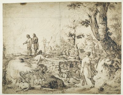 Bir kulübenin yanında köylülerle manzara by Hendrik Goltzius