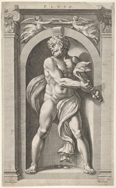 Plüton, bir figür, dört kafa ve bir sütunun tersi çizimleri üzerinde, 1592. by Hendrik Goltzius