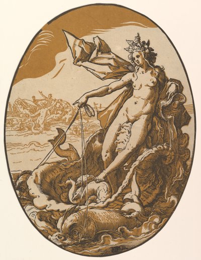 Tethys, iki deniz canlısı tarafından çekilen dev bir deniz kabuğu arabasında uzanıyor, 1588-90. by Hendrik Goltzius
