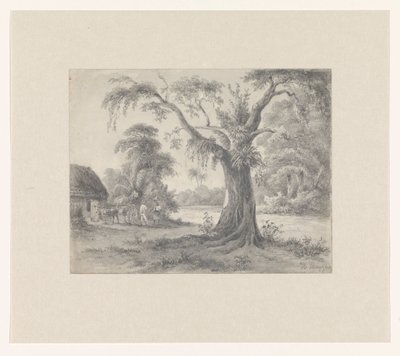 Bir ağaç ve kulübe ile bir at ve araba ve iki figür ile manzara by Hendrik Huygens (signed by artist)