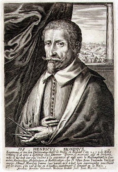 Kendi Portresi, Frederik Bouttats II (fl.1643-76) tarafından oyulmuş bir dizi sanatçı portresinden plaka 108 (gravür) by Hendrik I (after) Hondius