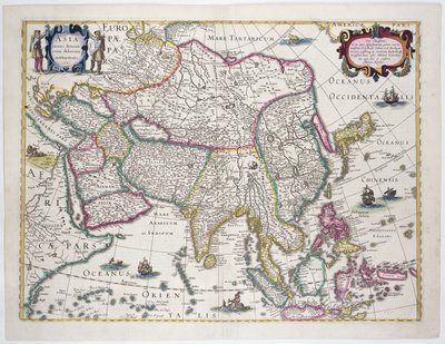 Arabistan, Japonya, Kore yarımadası ve Endonezya takımadalarının büyük bölümünü içeren genel harita, 1631 (renkli gravür) by Hendrik I Hondius