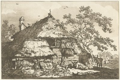 Bahçede bir inek, iki koyun ve bir eşek ile çiftlik Peyzaj Çizmeyi Öğrenenlerin Kullanımı İçin Hesaplanan On İki Tasarım (seri başlığı) by Hendrik Meijer