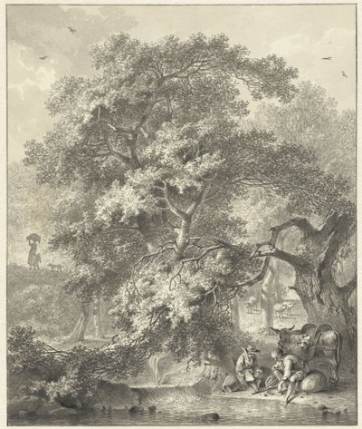 Bir şelalede dinlenme çobanları ile orman manzarası by Hendrik Meijer