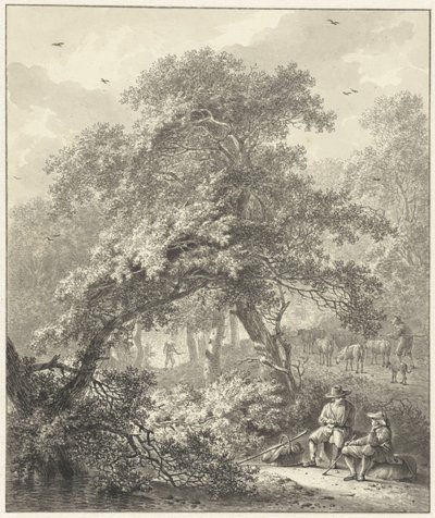 Bir ağacın altında dinlenen gezginlerle orman manzarası by Hendrik Meijer