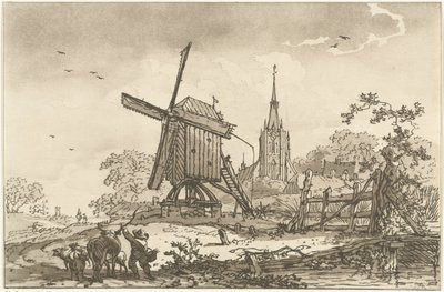 Bir yel değirmeni ve bir kilise ile manzara Peyzaj Çizmeyi Öğrenenlerin Kullanımı İçin Hesaplanan On İki Tasarım (seri başlığı) by Hendrik Meijer