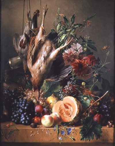 Bir çıkıntı üzerinde keklik, üzüm, erik, şeftali, kavun ve krizantem by Hendrik Reekers