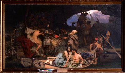 Korsanlar. (Bir mağarada ganimetlerini ve esirlerini (rehineleri) geri getirdikleri sahne). Henryk Siemiradzki'nin (1843-1902) tablosu, tuval üzerine yağlı boya by Henryk Siemiradzki
