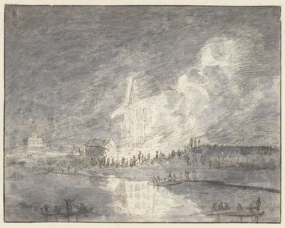 Muiderdijk'te bir değirmende yangın, yaklaşık 1710 by Hendrik Spilman