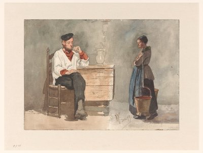 Sigara içen denizci, boyunduruğu ve süt kovaları olan kadın by Hendrik Valkenburg