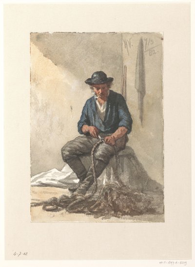 Bir ip üzerinde çalışan oturmuş balıkçı by Hendrik Valkenburg