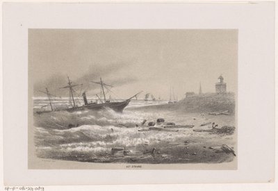 28 Mayıs 1860 fırtınası sırasında sahilde başı dertte olan gemi Sahil (nesne üzerindeki başlık) Gravenhaagsche Bosc