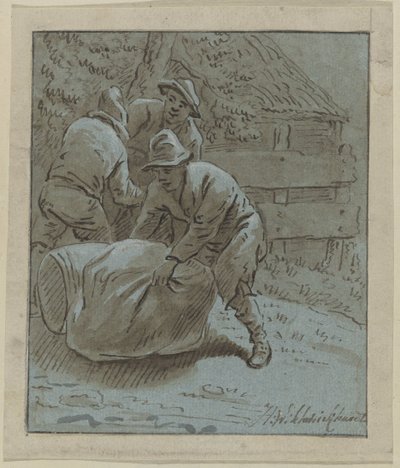 Bir manzara içinde yalancı bir varil ve bir çanta ile üç adam by Hendrik Willem Schweickhardt (signed by artist)