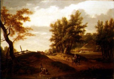 Bir vagon ve bir yolda seyahat eden köylüler, bir gölette bir çamaşırcı kadın ve ötesinde bir çiftlik ile ormanlık bir manzara by Hendrik Willem Schweickhardt