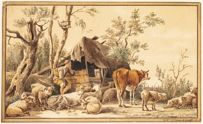 Bir barakanın yanında sürüsü ile bir çoban by Hendrik Willem Schweickhardt