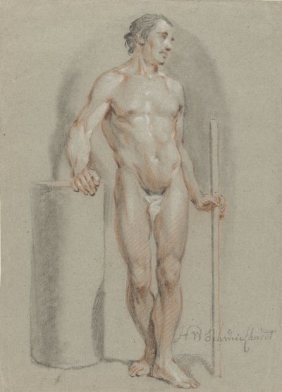 Çıplak erkek, elinde sopayla, stüdyo silindirine yaslanmış. by Hendrik Willem Schweickhardt