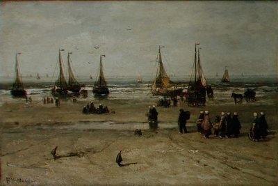 Balıkçı gemileri ve balıkçılar ile kıyı manzarası by Hendrik William Mesdag