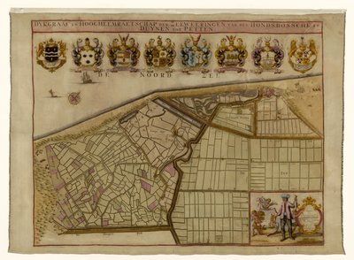 Hondsbossche Zeewering ve Petten Dykgraaf'taki kum tepeleri ve den Hondsbossche ve Duynen'den Petten'e kadar Hoogheemraetschap der Zeeweeringen'in haritası (nesnedeki başlık) by Hendrik de Leth