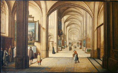 Ziyaretçilere bir tablo gösteren bir sacristan ile kilise iç, 1608 (kart üzerinde yağlı boya) by Hendrik the Younger Steenwyck