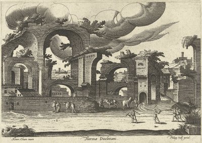Ön planda kroket oynayan iki adam ile yandan Diocletianus Hamamı kalıntıları, 1585. by Hendrik van Cleve III