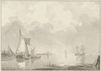 Durgun suda gemilerle sahil manzarası by Hendrik van den Helm