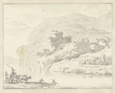Çobanları ve Sığırları ile İtalyan Dağ Manzarası ve Nehri Geçen Bir Teknede İki Figür by Hendrik van der Straaten (attributed to)