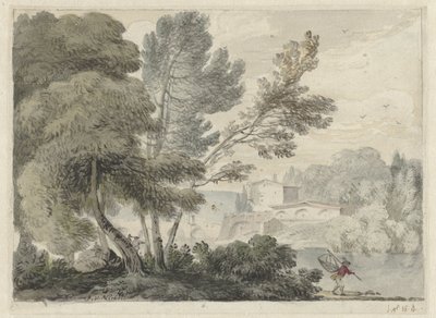 Ön planda iniş ağı olan bir adamla nehir manzarası by Hendrik van der Straaten (possibly)