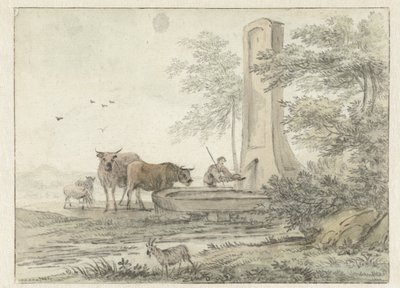 Bir Çeşmede Çoban ve Sığırları ve Koyunları ile İtalyan Manzarası by Hendrik van der Straaten
