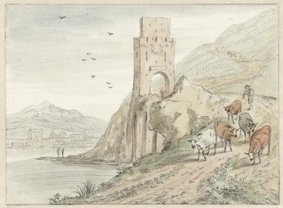 Dağlar ve Kapı Kulesi ile İtalyan Nehir Manzarası by Hendrik van der Straaten