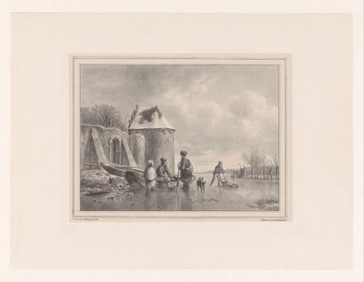 Kayık ve patencinin yanında figürlerin olduğu donmuş su birikintisi by Hendrikus van de Sande Bakhuyzen
