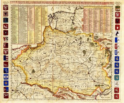 Polonya Haritası Livonia ve Moskova Büyük Dükalığı par Chatelain, Henri Abraham (1684-1743) bölümlerini içerir. gravür, sulu boya by Henri Abraham Chatelain