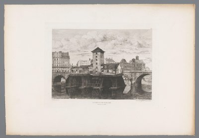 Gezicht op de Pont Notre-Dame Pont Notre-Dame pompası (nesne üzerindeki başlık) Fransa etsen uit 1875 (seri başlığı) 1875