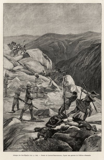 Oua-Elgedjo saldırısı. Laurent Desrousseaux tarafından yapılan gravür, Doktor Peters