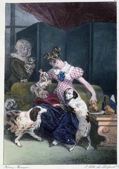 Köpekli genç kız: “” Herkes kendisini bulduğu yerden zevk alır”” - Henri Monnier tarafından “” Les pastemps”de, ed. Delpech, Paris by Henri Bonaventure Monnier