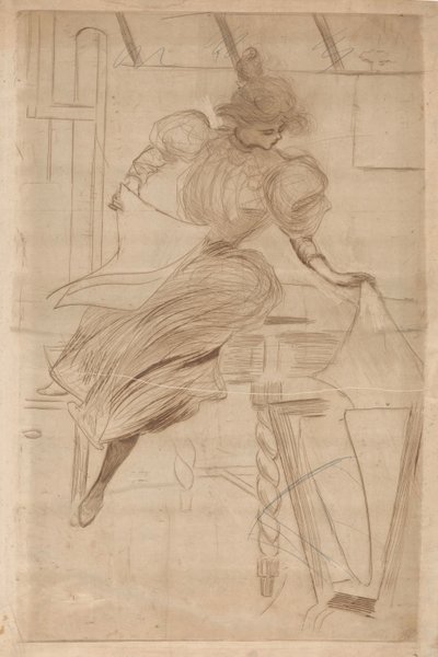 Kadın bir baskı standındaki resimlere bakar. by Henri Boutet (possibly)