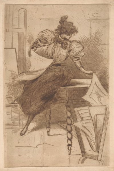 Kadın bir baskı standındaki resimlere bakar. by Henri Boutet (possibly)