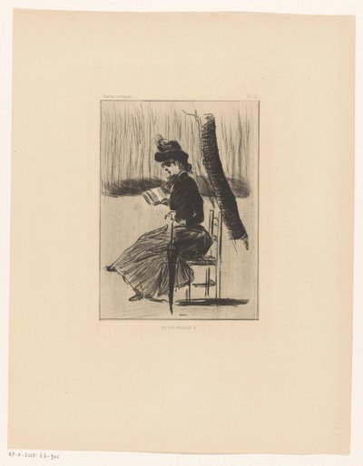 Petits Croquis 5'in dışında bir sandalyede bir kitap ve bir şemsiye olan kadın (nesnedeki başlık) by Henri Boutet