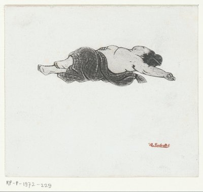 Çıplak göğüslü Japon kadın uzanmış by Henri Charles Guérard (attributed to)