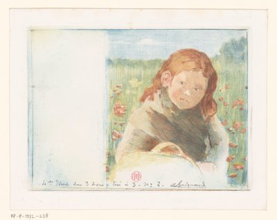 Bir çiçek çayır sepeti ile kız by Henri Charles Guérard (signed by artist)