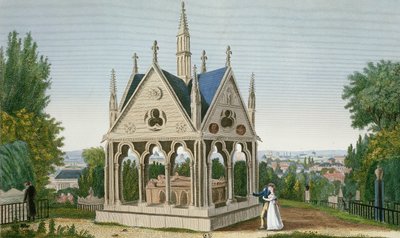 Pere Lachaise Mezarlığındaki Heloise ve Abelard Mezarı, 1815-20 (renkli gravür) by Henri Courvoisier-Voisin