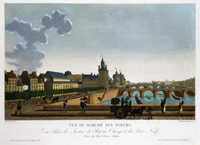 Çiçek pazarının, takas köprüsünün ve yeni köprünün görünümü - Courvoisier tarafından “” Vues de Paris”te by Henri Courvoisier-Voisin