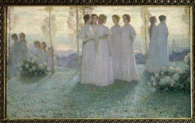 Pazar günü, Beyazlar içinde bir bahçede konuşan kadın - Tablo Henri Eugene (Henri-Eugene) tarafından Le Sidaner (1862-1939) by Henri Eugene Augustin Le Sidaner