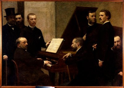 Piyanonun etrafında Soldan sağa oturanlar, Emmanuel Chabrier, Edmond Maitre ve Amedee Pigeon. Ayakta, Adolphe Julien, Arthur Boisseau, Camille Benoit, Antoine Lascoux ve Vincent d