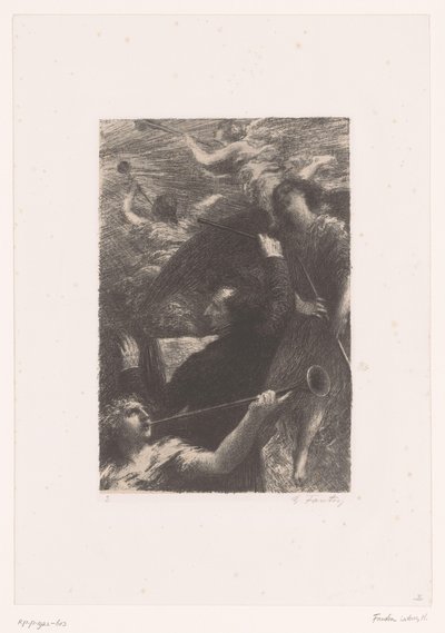 Berlioz, dört trompet üfleyen melek arasında şeflik yapıyor Tuba mirum spargens sonum Hector Berlioz'un hayatı ve eserleri (dizi adı) by Ignace Henri Jean Fantin Latour